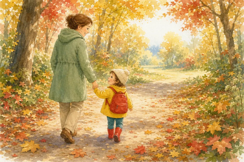 Nina cammina con la mamma lungo un sentiero nel bosco autunnale