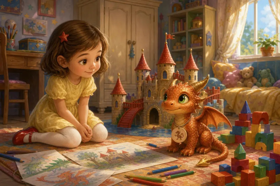 Sofia incontra il piccolo drago color rame Brillo sotto la scrivania